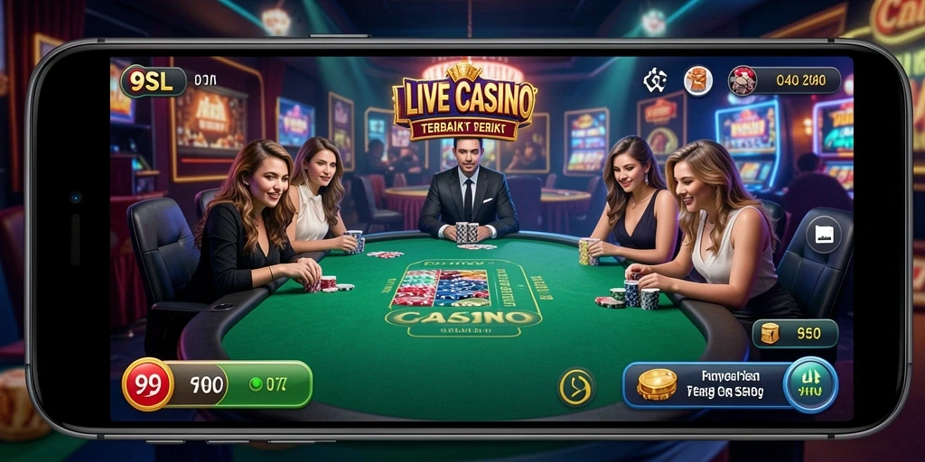 Screenshot permainan 9SL memperlihatkan dealer langsung dan suasana kazino yang hidup.