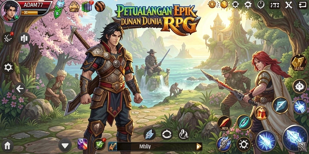Screenshot ADAM77 menampilkan pertarungan epik antar karakter dalam dunia RPG yang kaya.