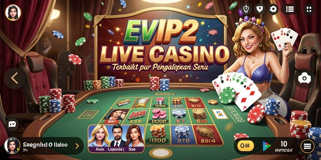 Tangkapan layar EVIP2 menampilkan dealer live dan interaksi pemain dalam gameplay Live Casino.