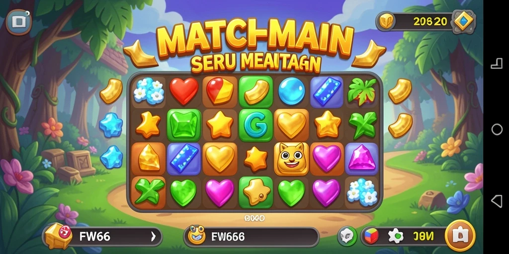 Tampilan gameplay Match-3 FW66 yang penuh warna dan dinamis.