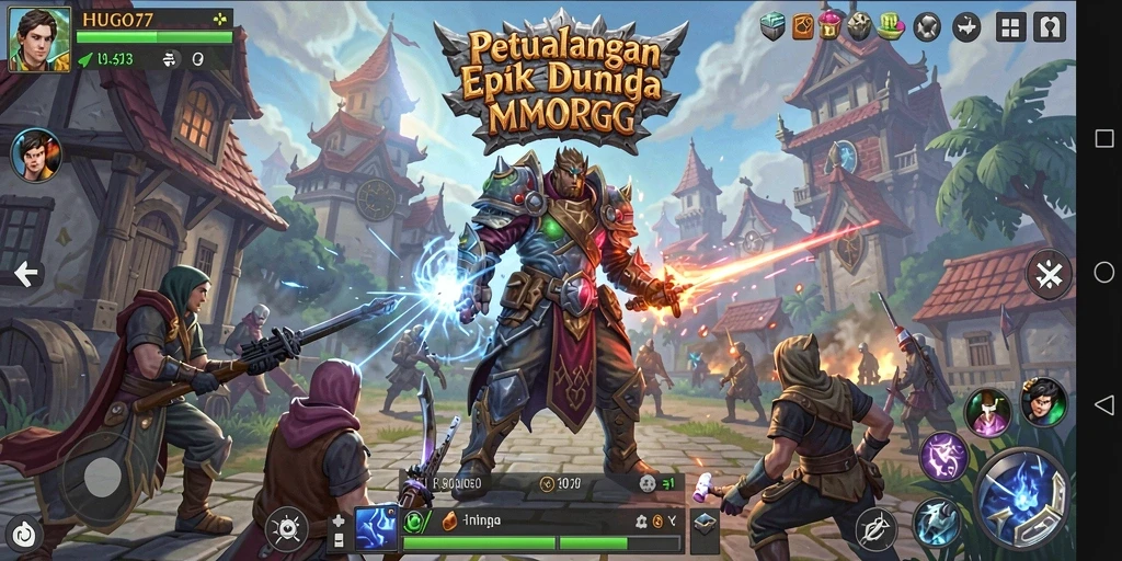 Tangkapan layar gameplay HUGO77 yang menunjukkan karakter beraksi di dunia MMORPG.