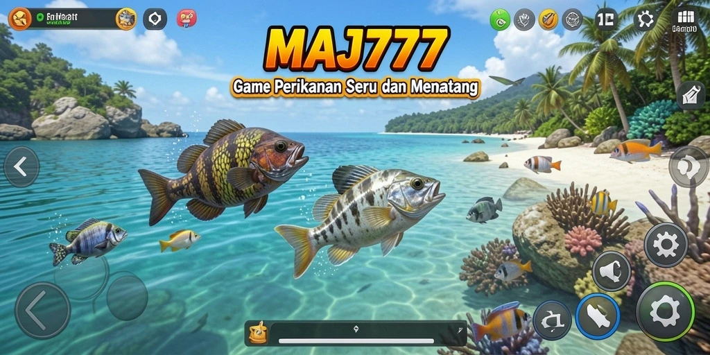 Tangkapan layar gameplay memancing yang menampilkan suasana laut yang indah.