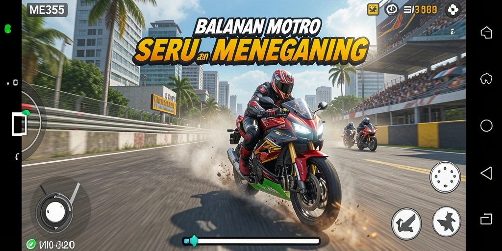 Screenshot gameplay ME355 menunjukkan aksi balapan motor yang mendebarkan.
