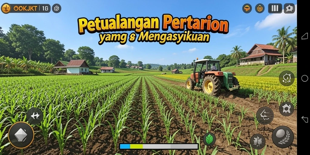 Tampilan gameplay OKJKT yang menawan dengan lahan pertanian.