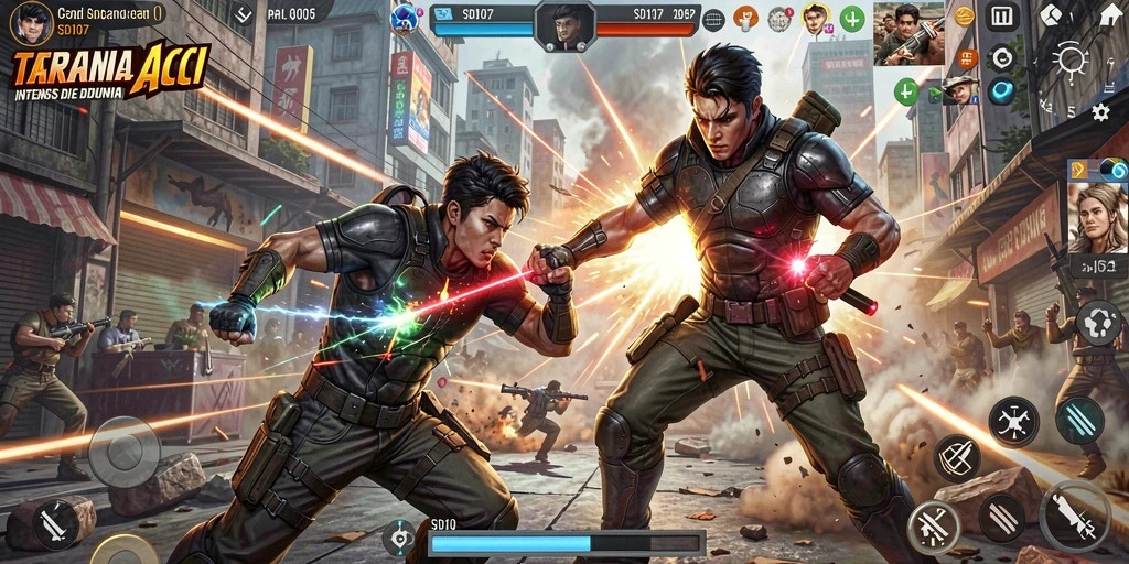 Tangkapan layar gameplay SD107 yang menunjukkan aksi intens di medan perang.