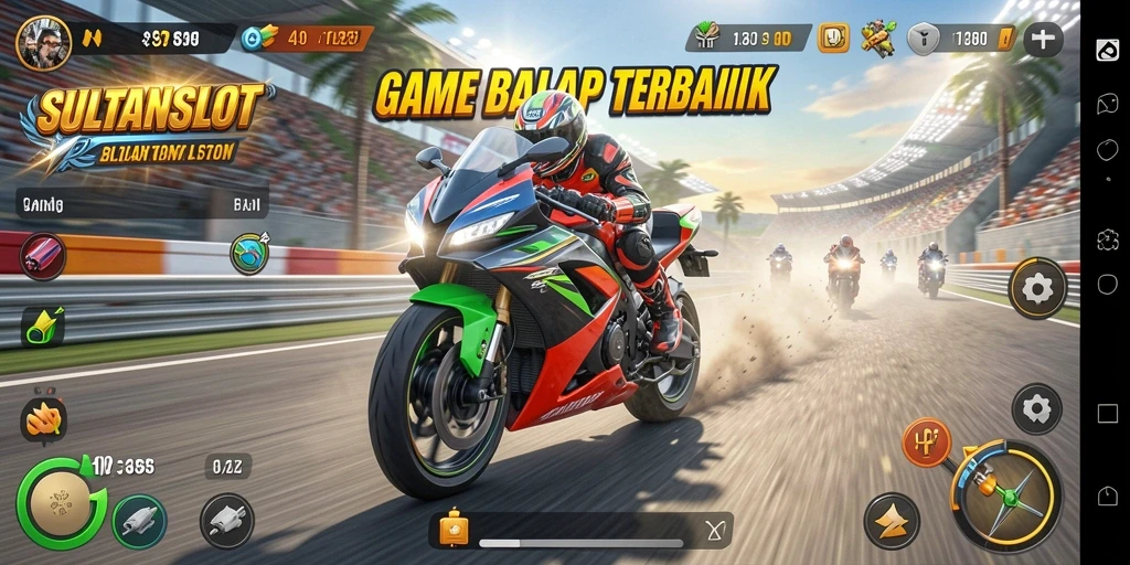 Tampilan gameplay SULTANSLOT saat balapan motor di trek yang menantang.